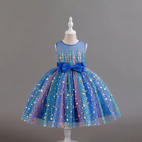 Girls Royal Blue Star Foil Print Sleeveless Fit & Flare Party Wear Dress Party Dresses Royal Blue 2-3 Y