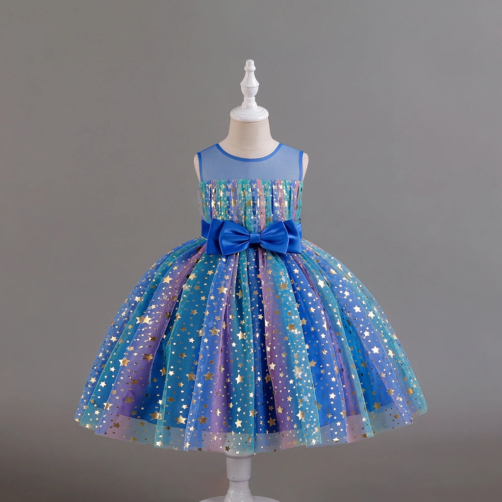 Girls Royal Blue Star Foil Print Sleeveless Fit & Flare Party Wear Dress Party Dresses Royal Blue 2-3 Y
