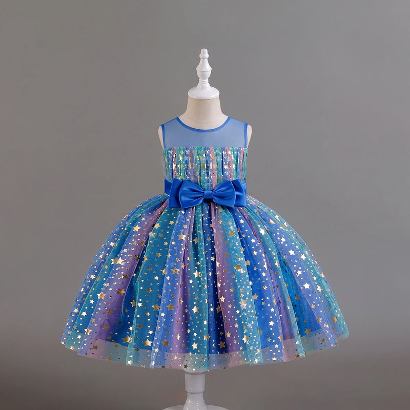 Girls Royal Blue Star Foil Print Sleeveless Fit & Flare Party Wear Dress Party Dresses Royal Blue 2-3 Y