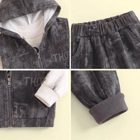 Boys Grey Typographic Hooded Vest & Joggers With Sweatshirt Sets Sets