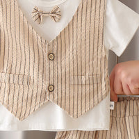 Boys Beige Striped Shorts with Short Sleeves T-shirt with attached Waistcoat Set Sets