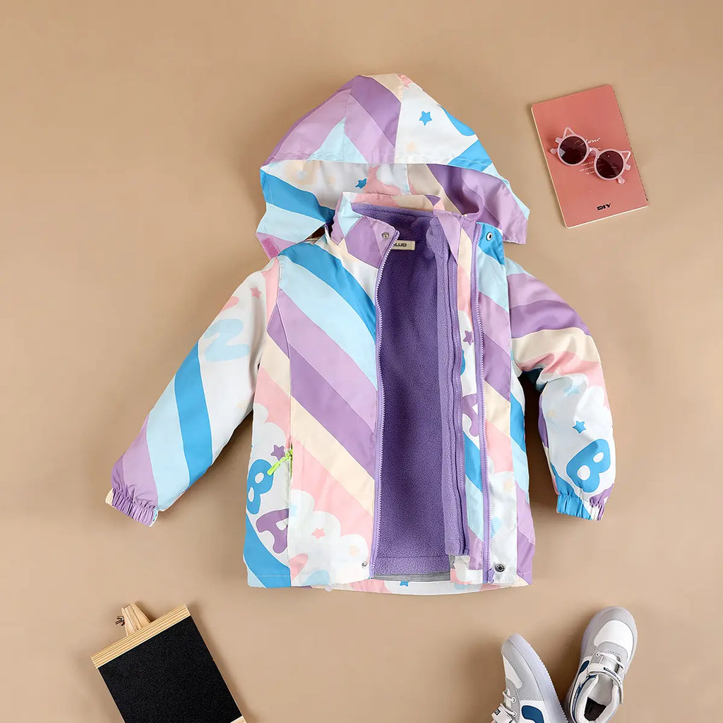 Girls Purple Diagonal Stripe Printed Hooded Zipper Jacket Coats & Jackets