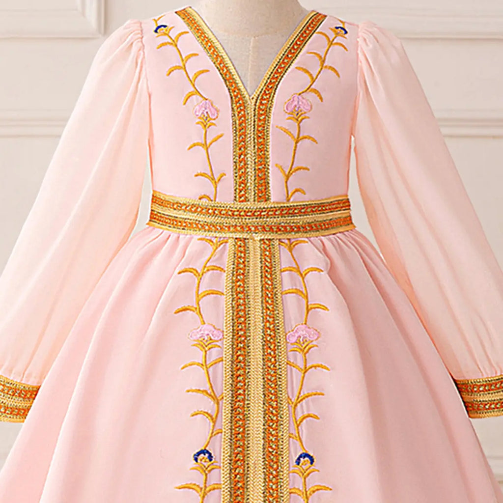 Girls Pink Embroidered Fit & Flare Dress With Long Sleeves Casual Dresses