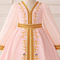 Girls Pink Embroidered Fit & Flare Dress With Long Sleeves Casual Dresses