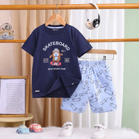 Boys Navy Blue Typographic Printed T-Shirt With Elasticated Shorts Sets 2 pc. Sets Navy Blue 2-3 Y