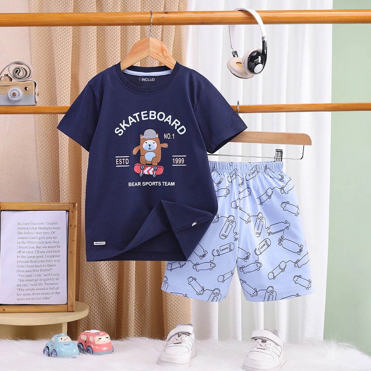 Boys Navy Blue Typographic Printed T-Shirt With Elasticated Shorts Sets 2 pc. Sets Navy Blue 2-3 Y