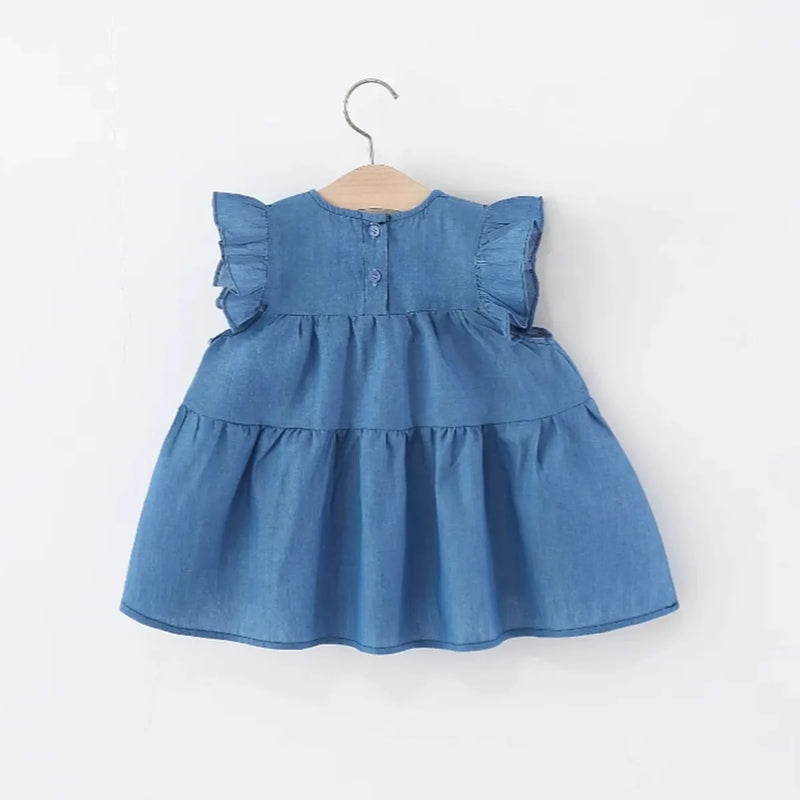 Girls Blue Flutter Sleeves Tiered A-line Dress With Bow Details Casual Dresses