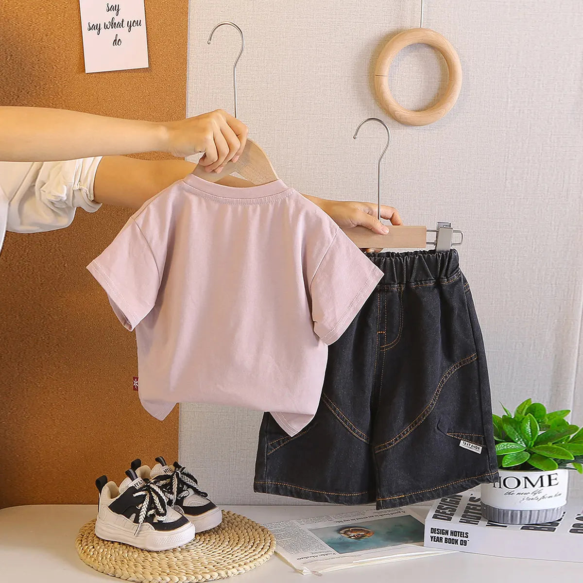 Boys Dark Pink Typographic Printed T-Shirt With Denim Shorts Sets Sets