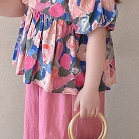 Girls Pink Floral Print Puff Sleeve Top With Pants Sets Sets