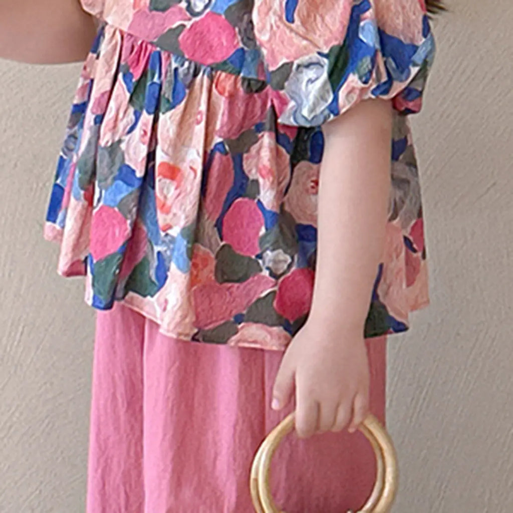 Girls Pink Floral Print Puff Sleeve Top With Pants Sets Sets
