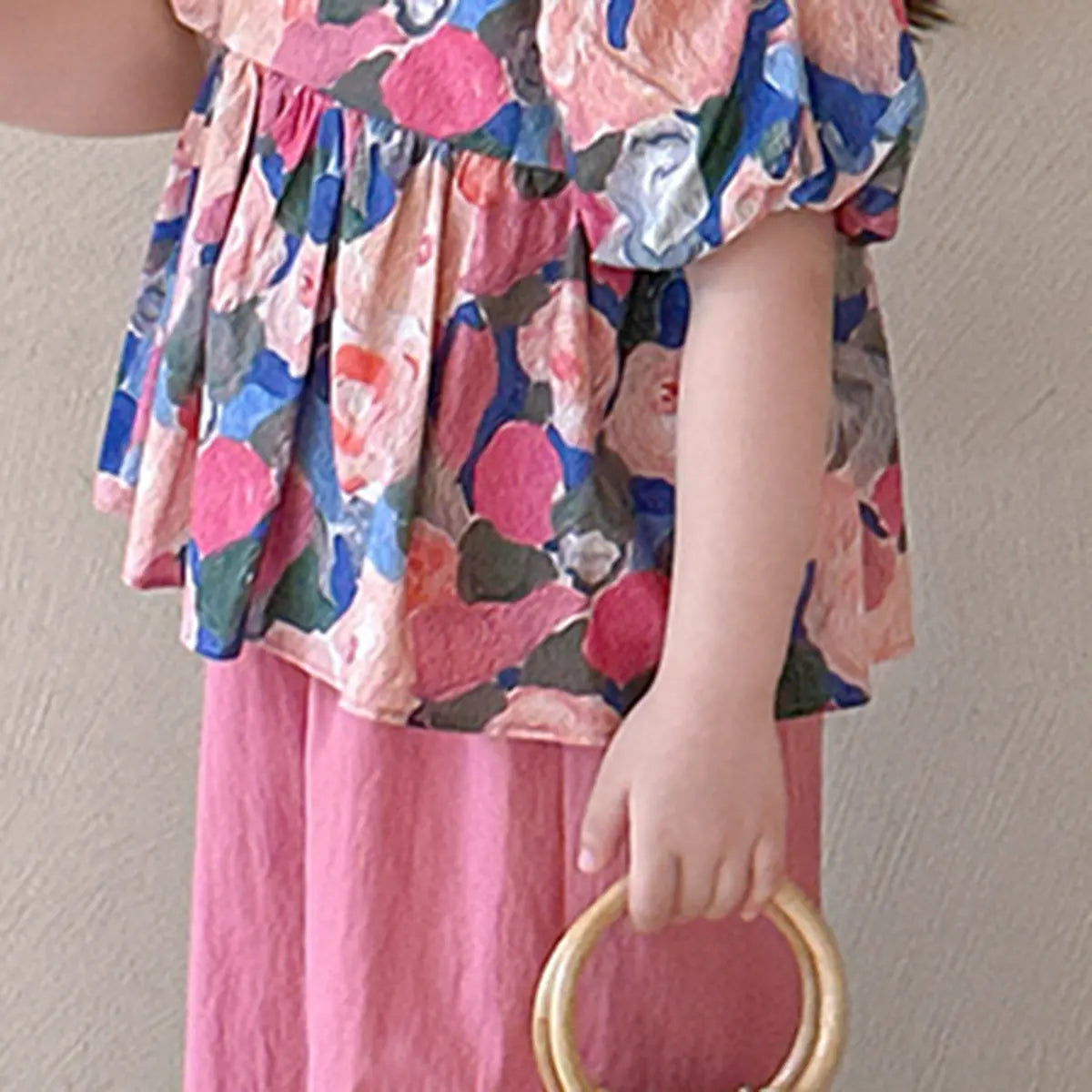 Girls Pink Floral Print Puff Sleeve Top With Pants Sets Sets
