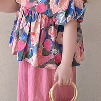 Girls Pink Floral Print Puff Sleeve Top With Pants Sets Sets