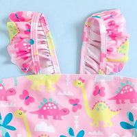 Girls Pink Dinosaur Printed Ruffle Top With Briefs Swimwear Sets Sets