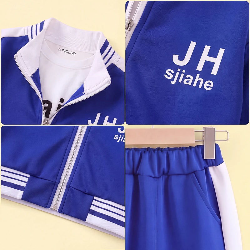 Boys Blue Typographic Printed Zipper Jacket With T-Shirt & Joggers Set Sets