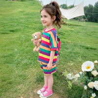 Girls Multicolor Striped Drop Shoulder T-Shirt With Shorts Sets Sets