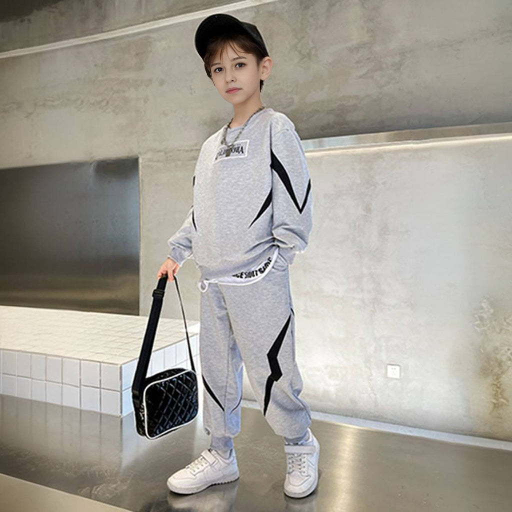 Boys Grey Typographic Printed Winter Sweatshirt With Jogger Set 2 pc. Sets