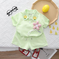 Girls Light Green Floral Applique Short Sleeve Polo T-Shirt With Shorts Sets 2 pc. Sets Light Green 1-2 Y