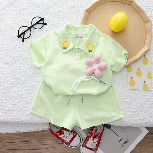 Girls Light Green Floral Applique Short Sleeve Polo T-Shirt With Shorts Sets 2 pc. Sets Light Green 1-2 Y
