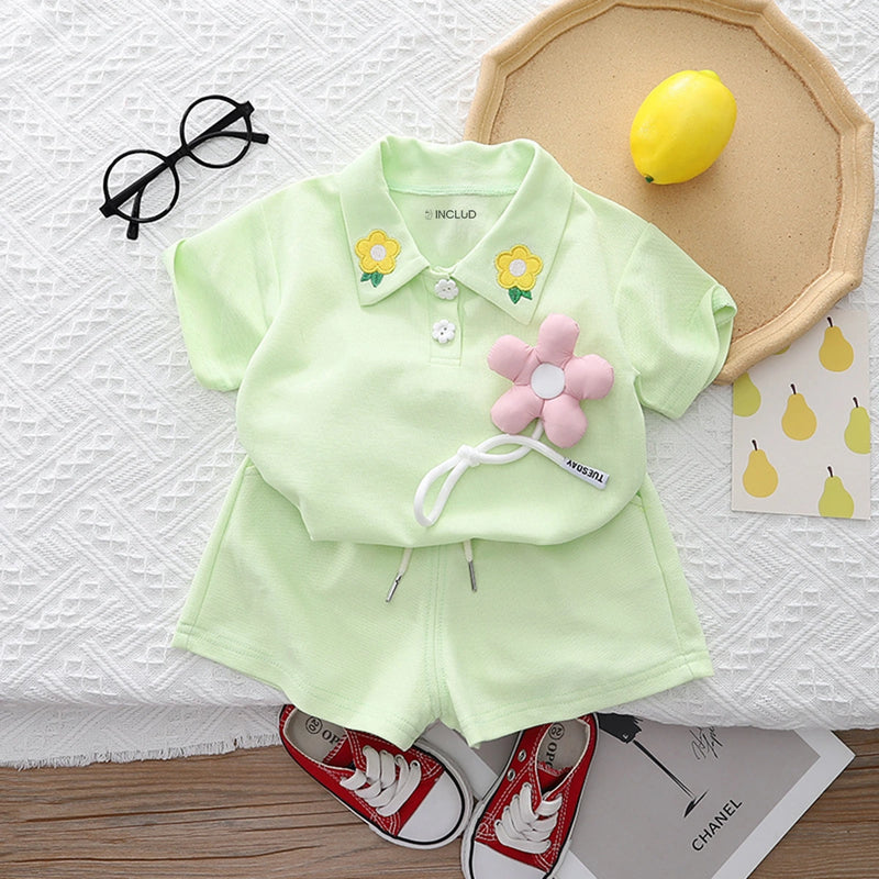 Girls Light Green Floral Applique Short Sleeve Polo T-Shirt With Shorts Sets 2 pc. Sets Light Green 1-2 Y