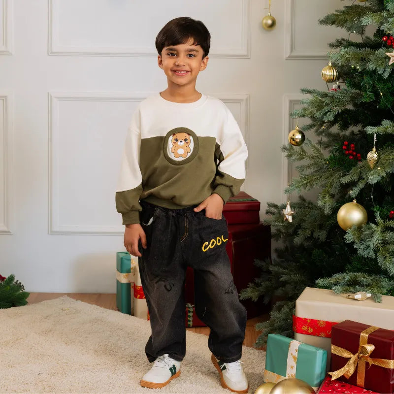 Boys Green Graphics Printed Sweatshirt With Denim Pants Set Sets Green 1-2 Y