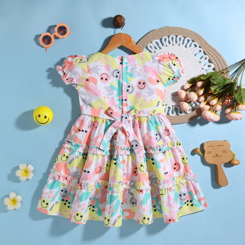 Girls Yellow Printed Short Sleeve Fit & Flare Dress Casual Dresses