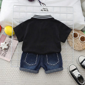Boys Black Bear Printed Polo Polo T-Shirt With Denim Shorts Sets 2 pc. Sets