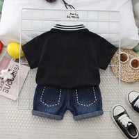 Boys Black Bear Printed Polo Polo T-Shirt With Denim Shorts Sets 2 pc. Sets
