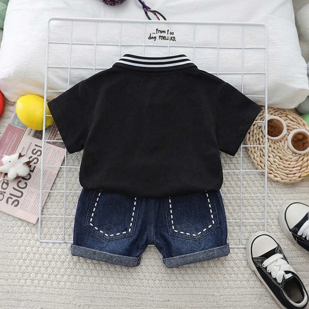 Boys Black Bear Printed Polo Polo T-Shirt With Denim Shorts Sets 2 pc. Sets