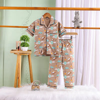 Girls Brown Hot Air Balloon Print Short Sleeve Shirt With Elasticated Pants Sets Sets Brown 2-3 Y
