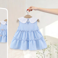 Girls Light Blue Peter Pan Collar Tiered Dress With Bow Details Casual Dresses