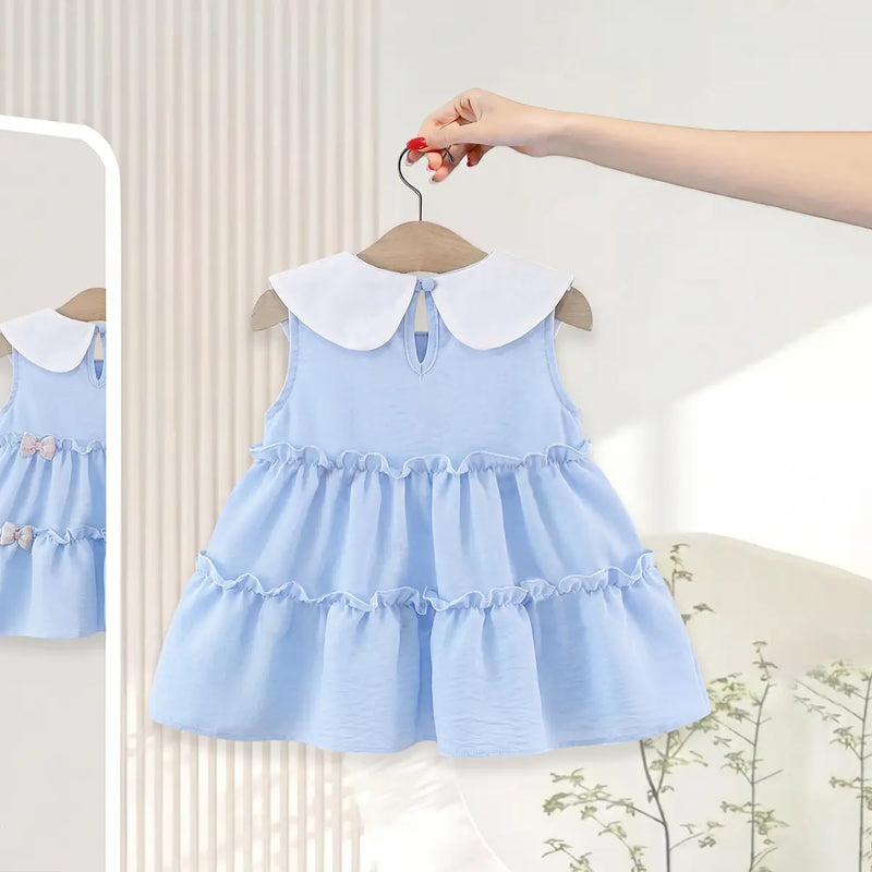 Girls Light Blue Peter Pan Collar Tiered Dress With Bow Details Casual Dresses