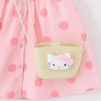 Girls Pink Polka Dot Print A-line Dress With Straw Sling Bag Casual Dresses