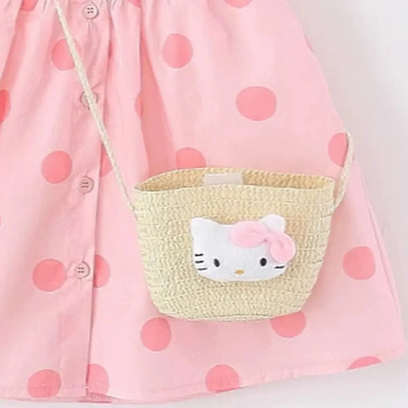 Girls Pink Polka Dot Print A-line Dress With Straw Sling Bag Casual Dresses