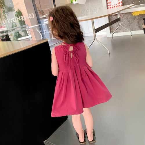 Girls Rich Magenta Pleated Sleeveless A-line Casual Dress Casual Dresses
