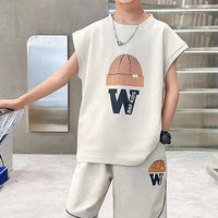 Boys Beige Graphic Sleeveless T-Shirt With Elasticated Long Shorts Sets Sets