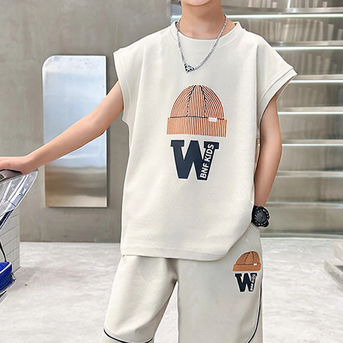 Boys Beige Graphic Sleeveless T-Shirt With Elasticated Long Shorts Sets Sets