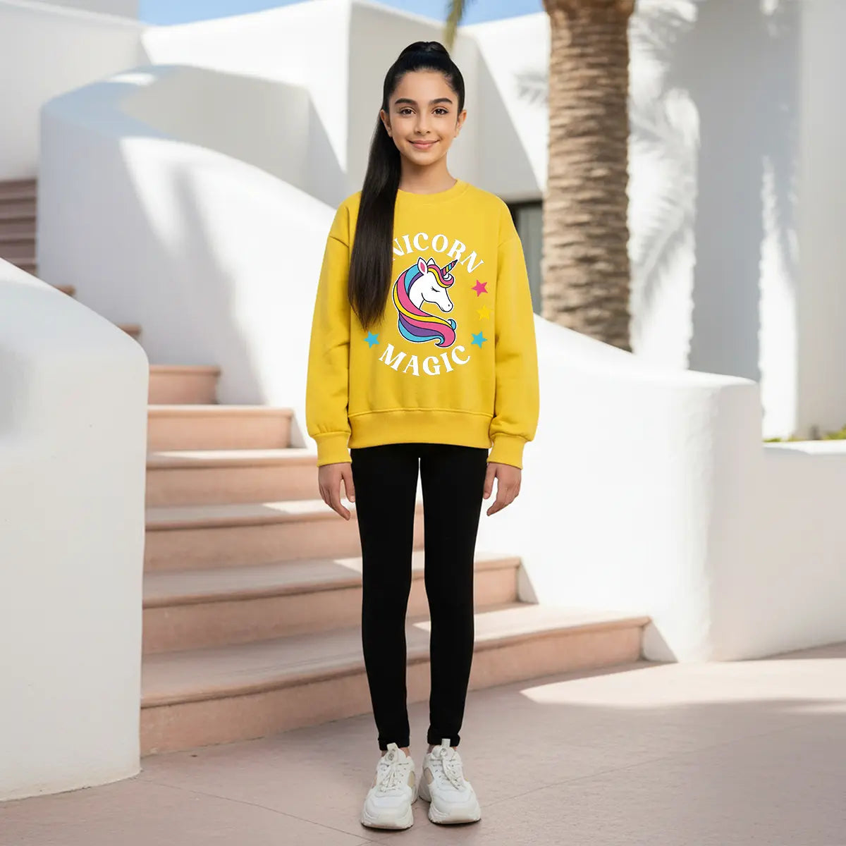 Girls Yellow Unicorn Magic Graphics Round Neck Sweatshirt Sweatshirts & Hoodies Yellow 6-7 Y