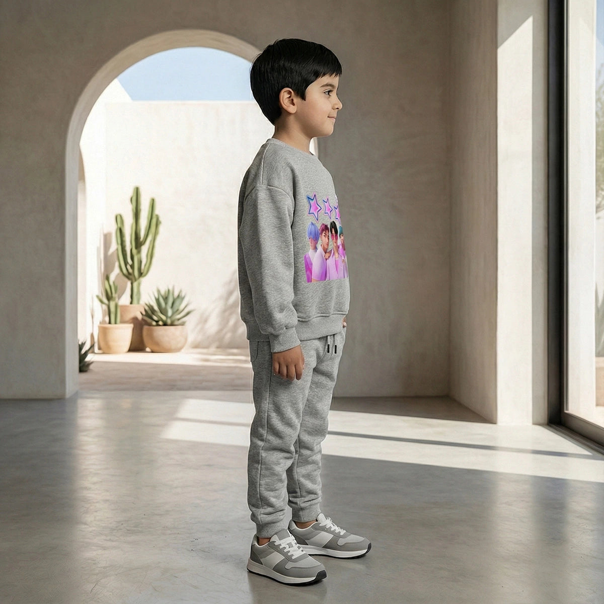 Boys Grey K-Pop Star Graphics Sweatshirt With Jogger Co-ord Sets Sets