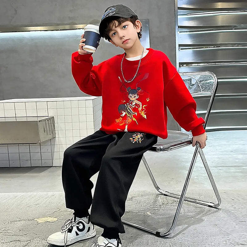 Boys Red Graphics Printed Oversized Sweatshirt With Jogger Co-ord Sets Sets