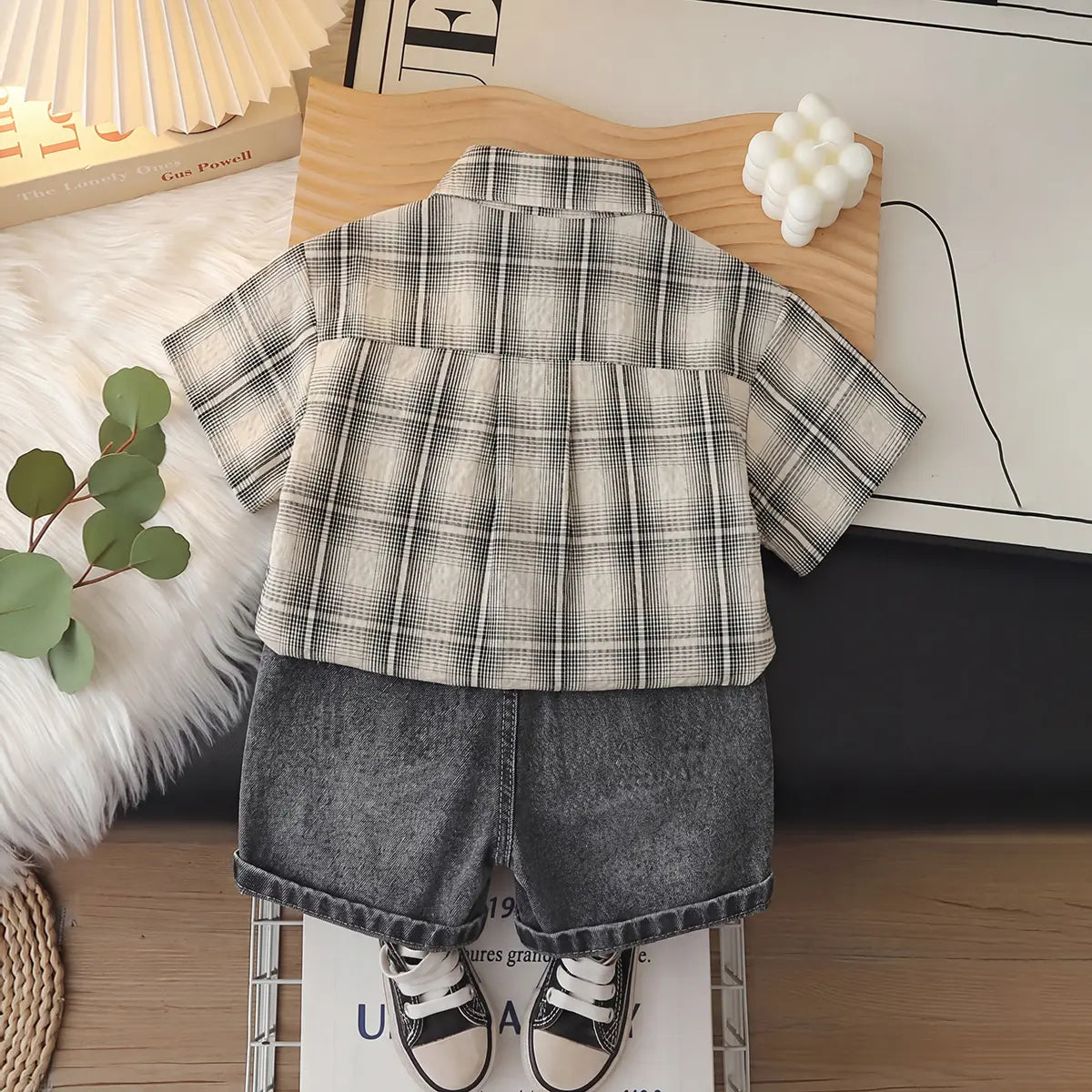 Boys Beige Checked Shirt With Printed T-Shirt And Denim Shorts Sets 3 pc. Sets