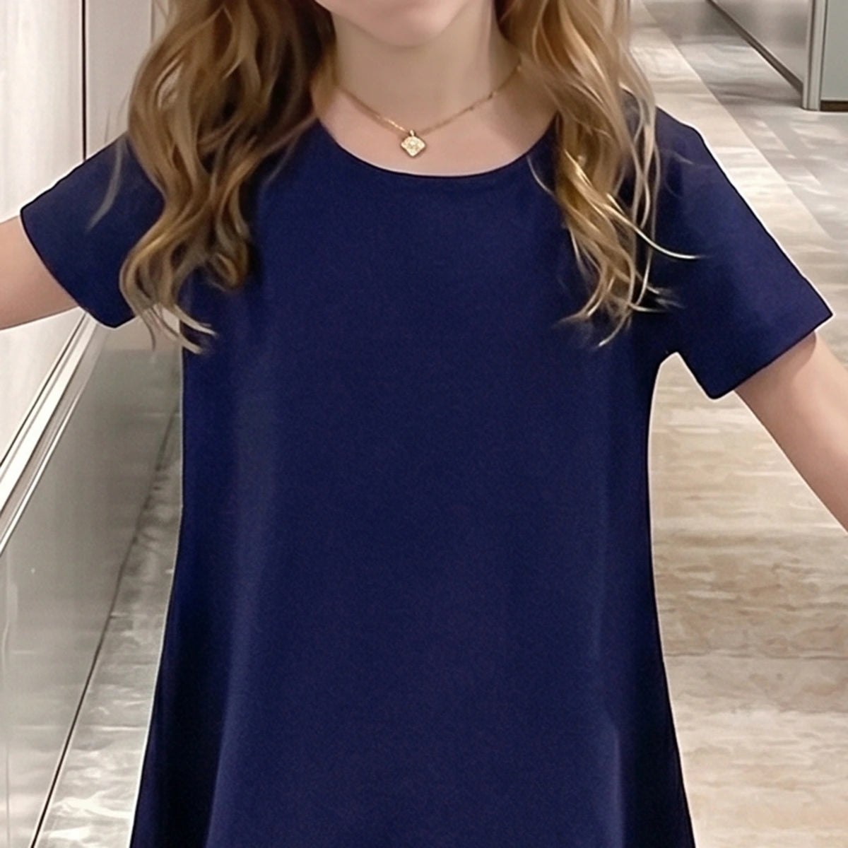 Girls Navy Blue Solid Short Sleeve Cross-Back A-Line Dress Casual Dresses