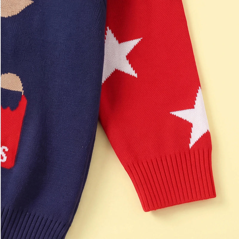 Boys Navy Blue Sweater With Self-Design Reindeer Pattern Sweaters & Cardigans