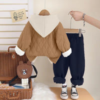 Boys Brown Typographic Printed Hooded Jacket With T-Shirt & Jogger Sets Sets
