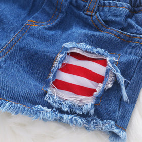 Girls Multicolor Stripes Off-shoulder Top With Ripped Denim Shorts Sets Sets