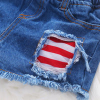 Girls Multicolor Stripes Off-shoulder Top With Ripped Denim Shorts Sets Sets