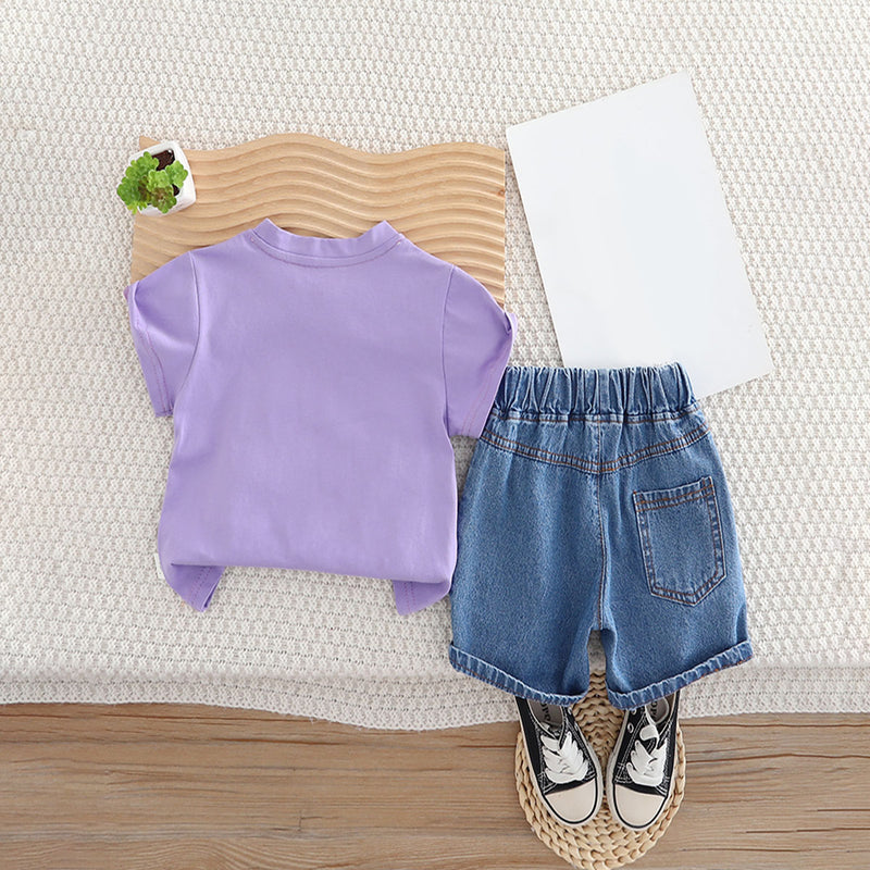 Boys Purple Typographic Printed T-Shirt With Denim Shorts Set 2 pc. Sets