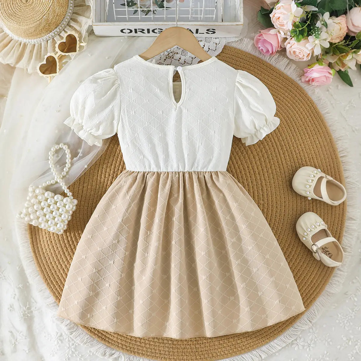 Girls Khaki Self Design Triangle Patterns Fit And Flare Dress Casual Dresses