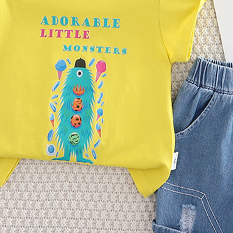 Boys Yellow Graphic Short Sleeves T-Shirt With Denim Shorts Set 2 pc. Sets