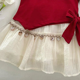 Girls Red Embellished Short Sleeve Top With Skirt Sets 2 pc. Sets