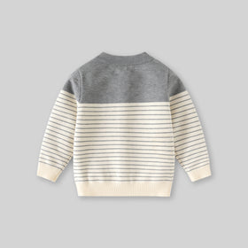 Boys Grey Cardigan With Self Design Stripe Patterns Sweaters & Cardigans
